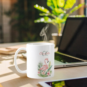 Caneca De Café Monograma tropical de verão rosa flamingo