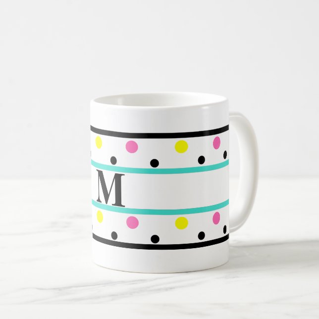 Caneca De Café Monograma Turquoise Bolinhas amarelas amarelas cor (Frente Esquerda)