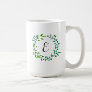 Caneca De Café Monograma verde da grinalda   da folha da aguarela