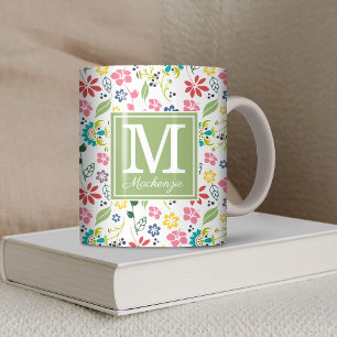 Caneca De Café Monograma Verde das Flores Boêmicas Coloridas