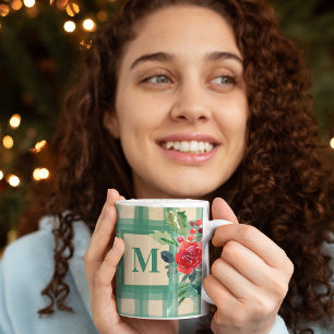 Caneca De Café Monograma verde de xadrez de búfalo exclusivo