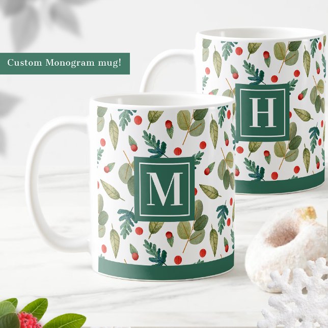 Caneca De Café Monograma, verde festivo e vermelho Holly (Criador carregado)