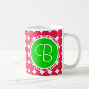 Caneca De Café Monograma verde & vermelho das bolinhas