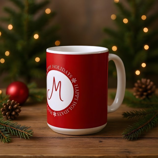 Caneca De Café Monograma Vermelho de Flocos de Neve Simplificados (Criador carregado)