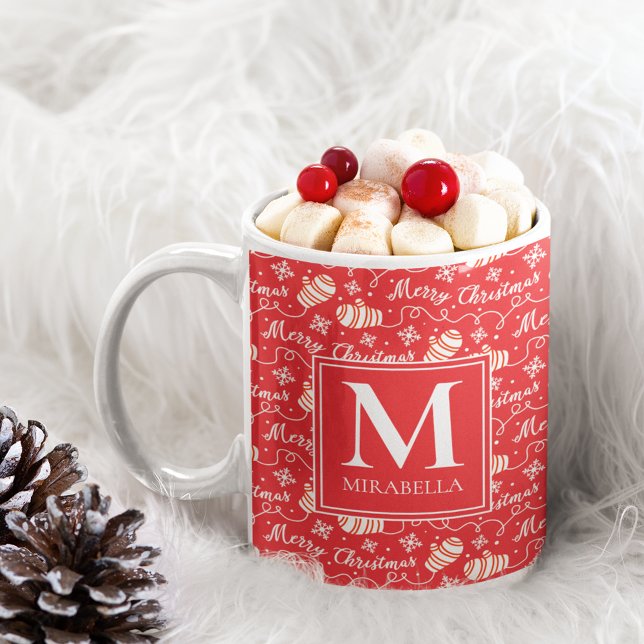 Caneca De Café Monograma Vermelho Feliz Natal (Personalized Red Monogram Merry Christmas Mittens Coffee Mug)