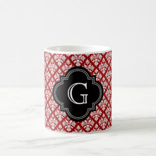 Caneca De Café Monograma vermelho floral branco do damasco #3 BG