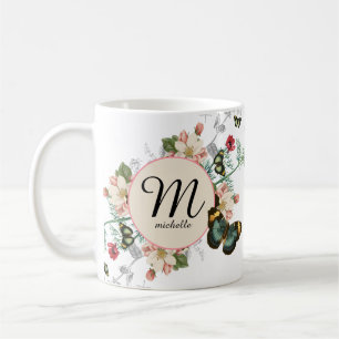 Caneca De Café Monograma Vintage Botânica Floral White Personaliz