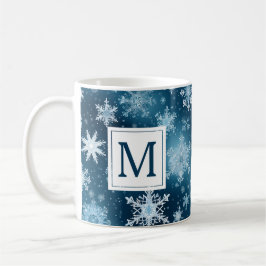 Caneca De Café Monograma Winter Wonderland Snowflakes Blue White