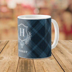 Caneca De Café Monograma Xadrez Azul Tartan Inicial