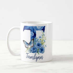 Caneca de café monogramada floral azul de 325 ml
