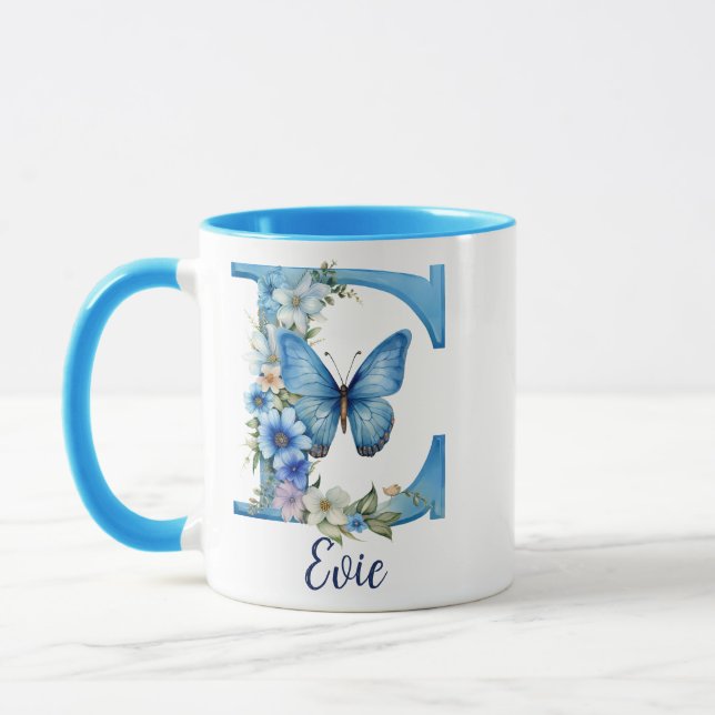Caneca de café monogramada floral azul de 325 ml (Esquerda)