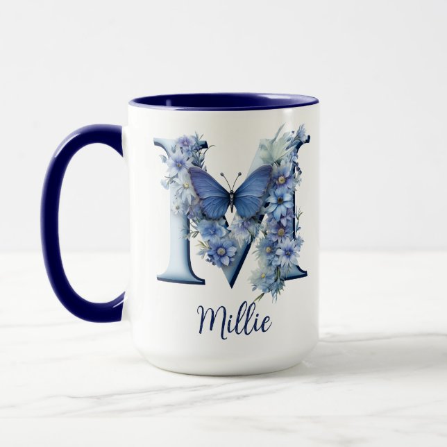Caneca de café monogramada Floral Blue de 15 oz (Esquerda)