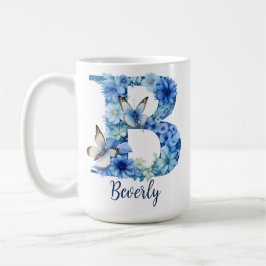 Caneca de café monogramada Floral Blue de 15 oz