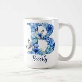 Caneca de café monogramada Floral Blue de 15 oz