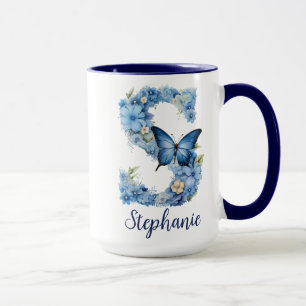 Caneca de café monogramada Floral Blue de 15 oz