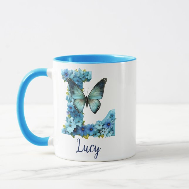 Caneca de café monogramada Floral Blue de 330 ml (Esquerda)
