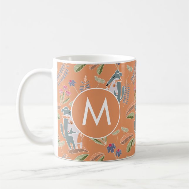 Caneca De Café Monogramas Cães Padrão Floral Terracotta (Esquerda)