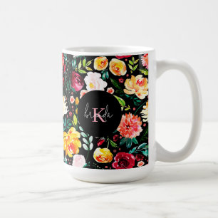 Caneca De Café Monogramas coloridos de flores de jardim inglês