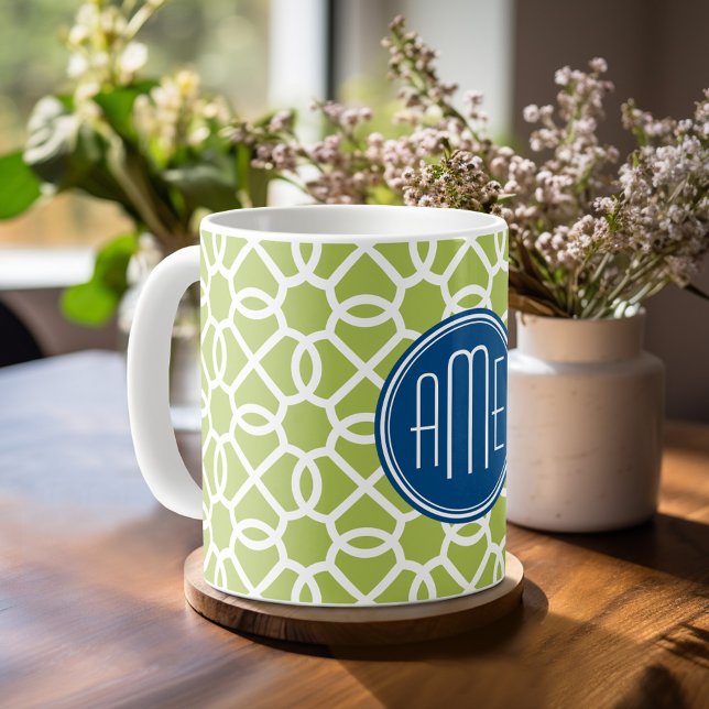 Caneca De Café Monogramas com Padrão Geométrico Verde Lima e Azul (Personalized Coffee Mug)