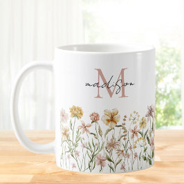 Caneca De Café Monogramas Cores Aquáticas Flores Prateadas