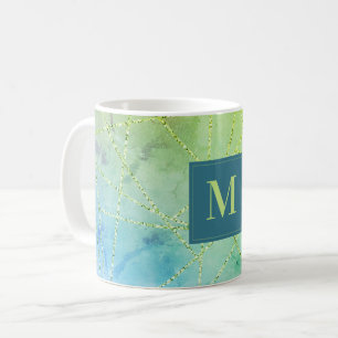Caneca De Café Monogramas Teal e Green Faux Glitter Geométrico