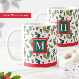 Caneca De Café Monogramas, verde festivo e Holly, verde vermelho