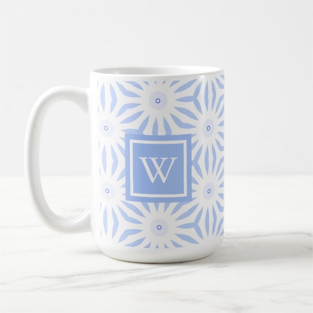 Caneca De Café Monogrammed Feminine Elegant Blue Geometric  (Esquerda)