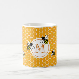 Caneca De Café Monogrammed Orange Honeycomb Pattern with Bees