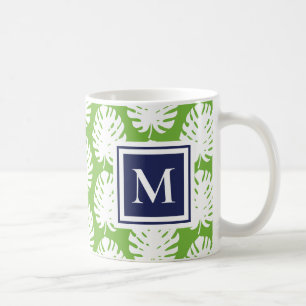 Caneca De Café Monstera Deixa Marinho Verde Monograma Costeiro Mo