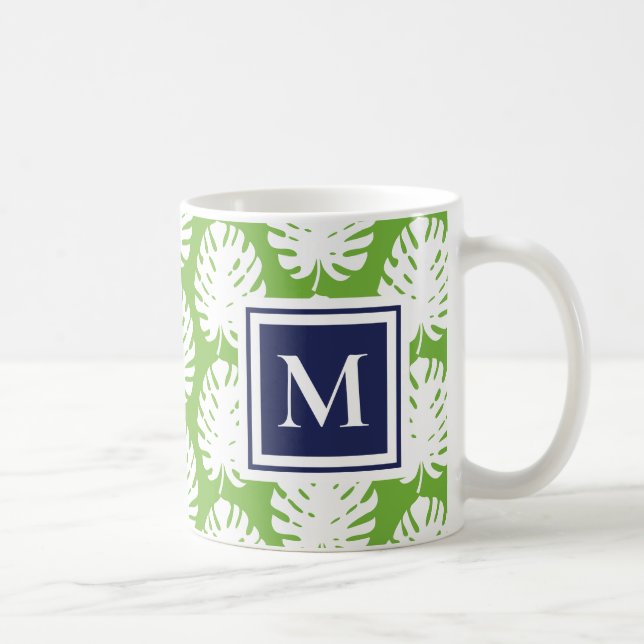 Caneca De Café Monstera Deixa Marinho Verde Monograma Costeiro Mo (Direita)