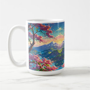 Caneca De Café Montanha com Capas de Neve e Flores