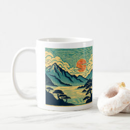 Caneca De Café Montanhas Teal de Madeira Japonesa Pôr do Sol Lara