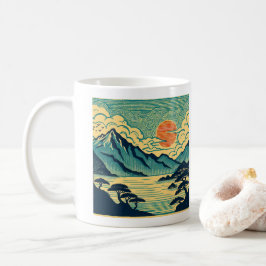 Caneca De Café Montanhas Teal de Madeira Japonesa Pôr do Sol Lara