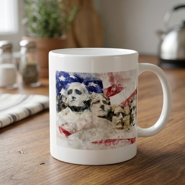 Caneca De Café Monte Rushmore com a bandeira americana acenando (Mount Rushmore Watercolor with American Flag. Coffee Mug)