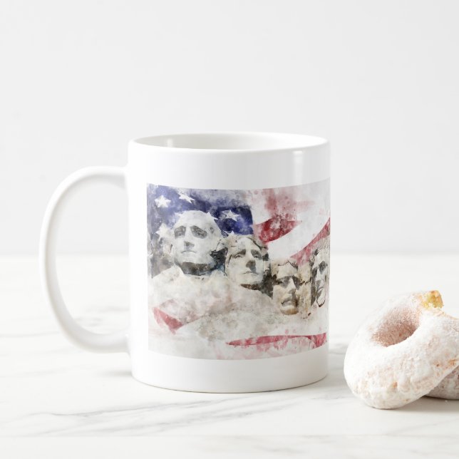 Caneca De Café Monte Rushmore com a bandeira americana acenando (Com Donut)