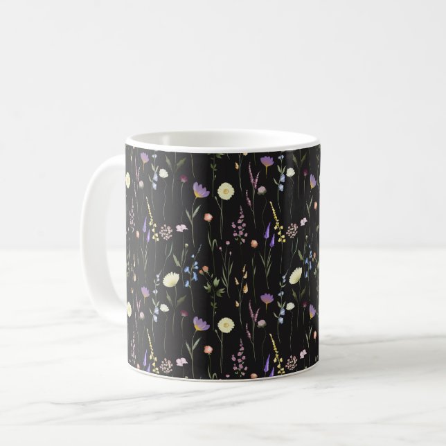 Caneca De Café Moody Wildflower Black Floral Patterno (Frente Esquerda)