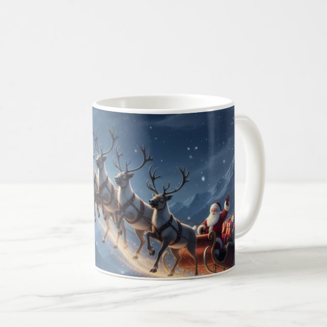 Caneca De Café Moonlit Mountain Santa Reindeer Sleigh Christmas (Frente Esquerda)