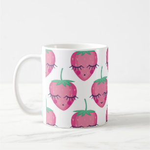 Caneca De Café Morangos adormecidos sorrindo, padrão fofo.