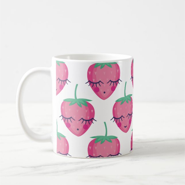 Caneca De Café Morangos adormecidos sorrindo, padrão fofo. (Esquerda)