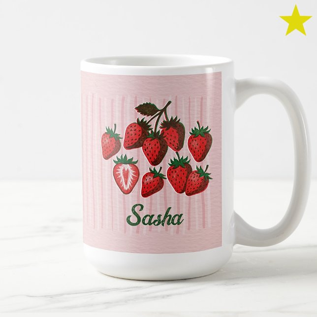 Caneca De Café Morangos & Listras com Nome Personalizado Risograp (Criador carregado)