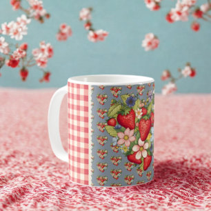 Caneca De Café Morangos Red Gingham e Blue Slate