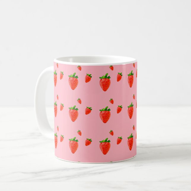 Caneca De Café Morangos vermelhos em fundo rosa (Frente Esquerda)