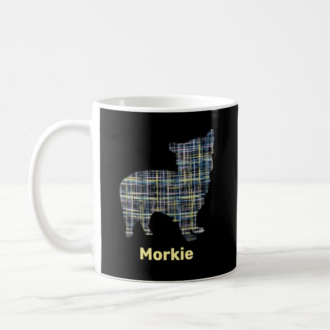 Caneca De Café Morkie Dog Amarelo e Blue Grid (Esquerda)