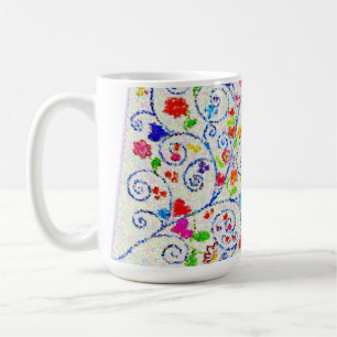 Caneca De Café Mosaico Abstrato Vibrante de Corações e Espirais p