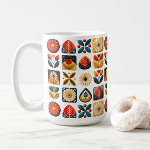 Caneca De Café Mosaico Floral de Arte Folclórica em Cores Retroat