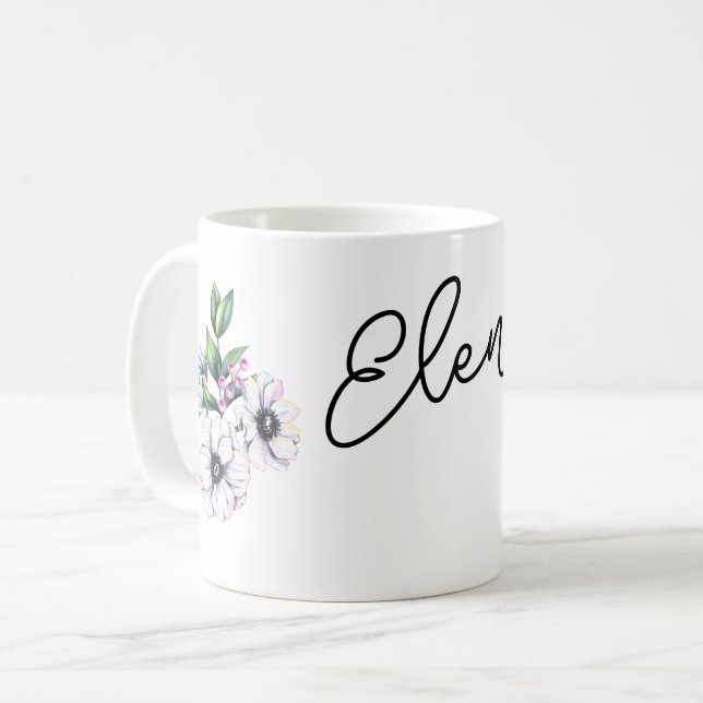 Caneca De Café Motif de flores e nome personalizado (Frente Esquerda)