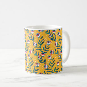 Caneca De Café Motivo Floral Elegante com Pontos e Folhas Verdes