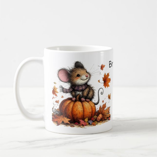Caneca De Café Mouse estético e bonito com abóbora e folhas (Esquerda)