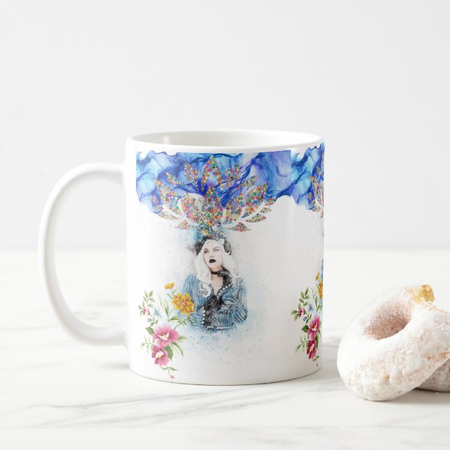 Caneca De Café Mug Azul Floral Vitoriano (Com Donut)