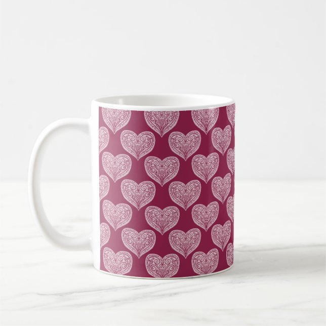 Caneca De Café Mug com corações ornamentais em burgundy (Esquerda)